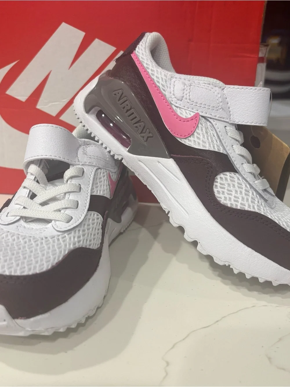 Nike Kids White and Brown Sneakers with Pink Swoosh